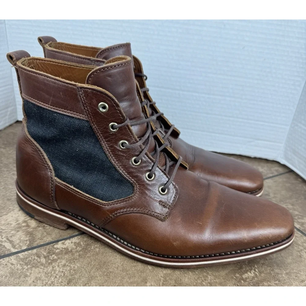 HELM Sam Lace Up Dress Boots Brown Horween Leather Blue Denim Size 11D USA Made - Picture 3 of 11